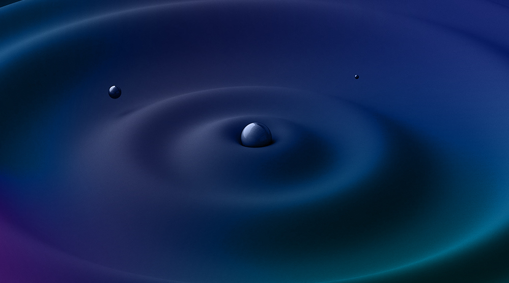 3d image resembling small pebble hitting the surface of water and rippling