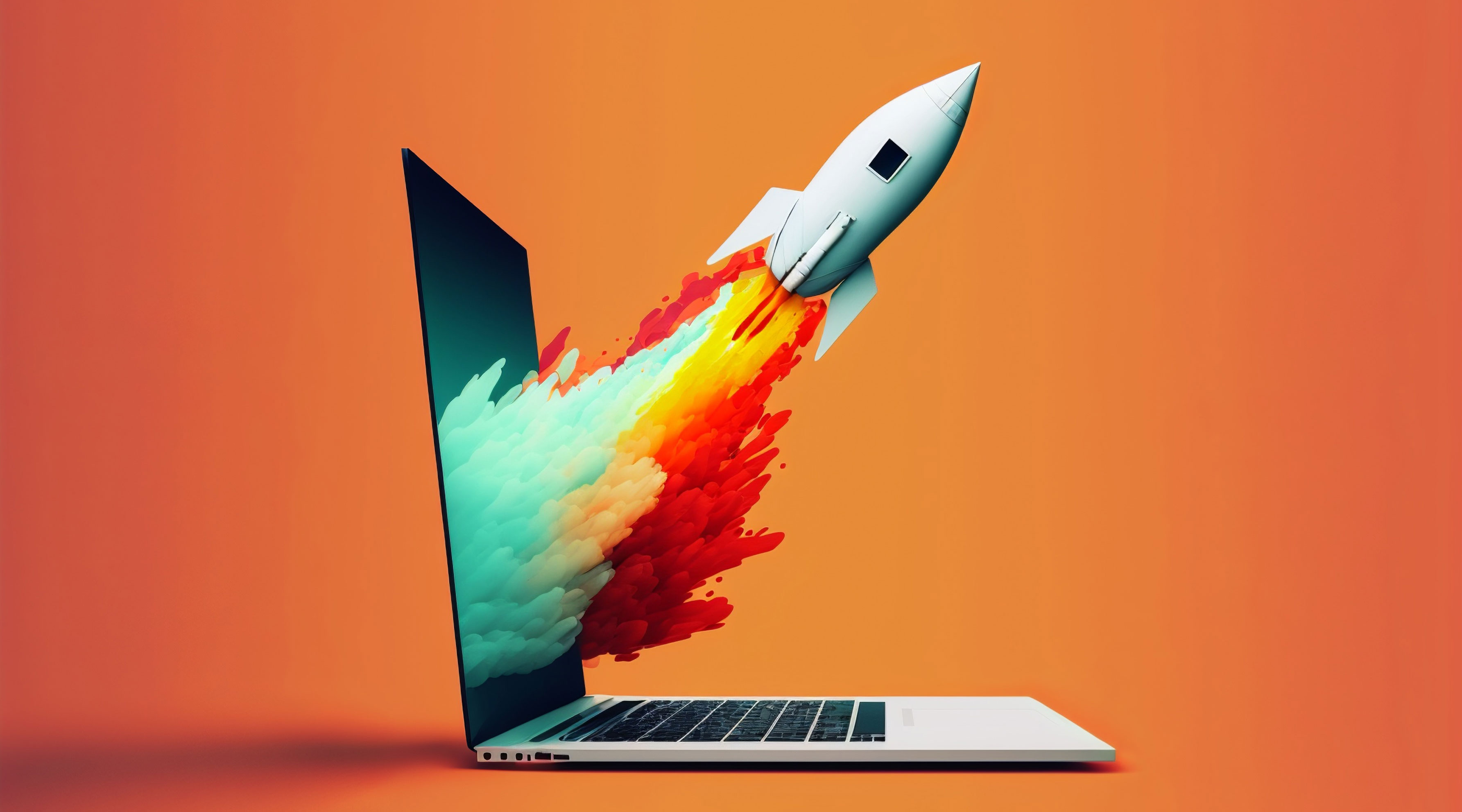 Stylized illustration of a rocket launching out of a laptop screen