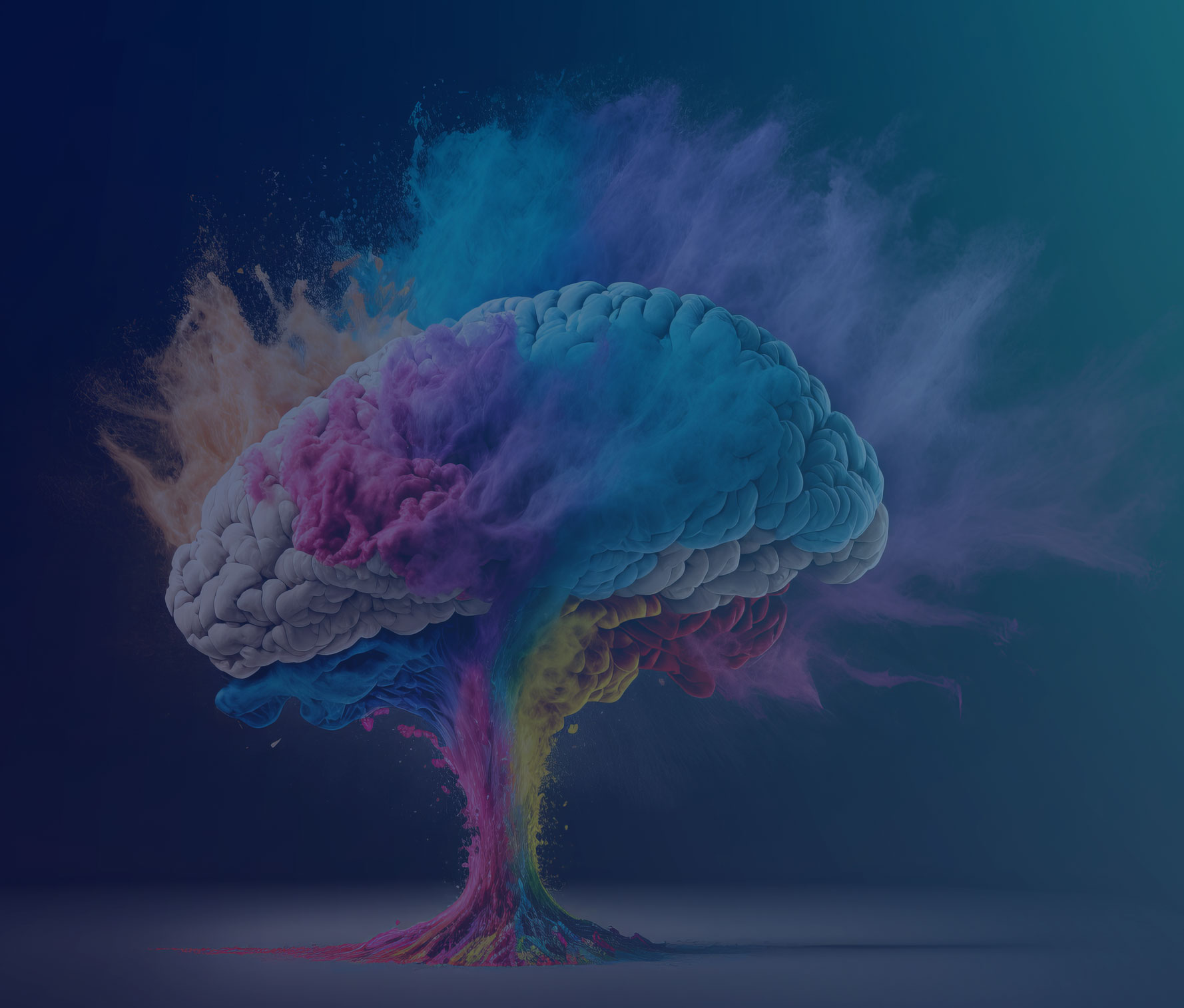 Stylized image of a brain with colorful powder expanding off of it