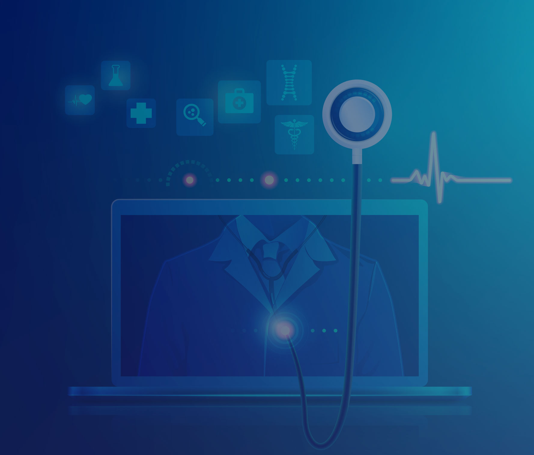 Stylized image of laptop with various healthcare icons