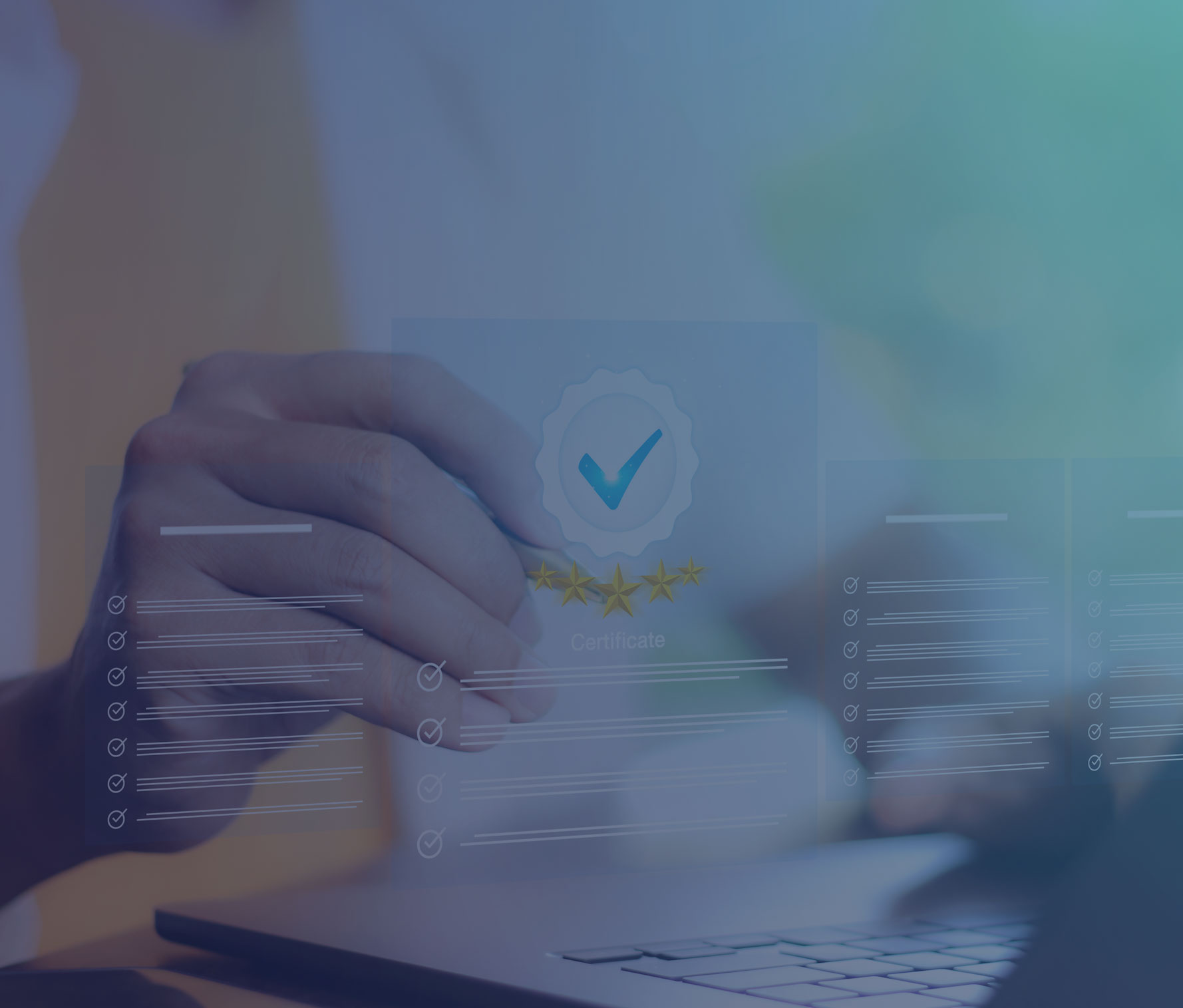 Hand interacting with digital certificate interface, showing checkmark, star rating, and checklist items on laptop screen