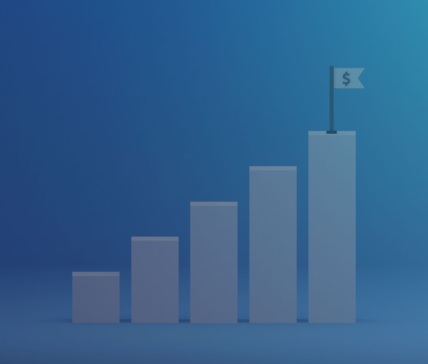 A simple bar graph illustration showing increasing growth. The graph consists of five white bars of increasing height against a blue background. A small flag with a dollar sign is placed on top of the tallest bar, symbolizing financial growth or profit.