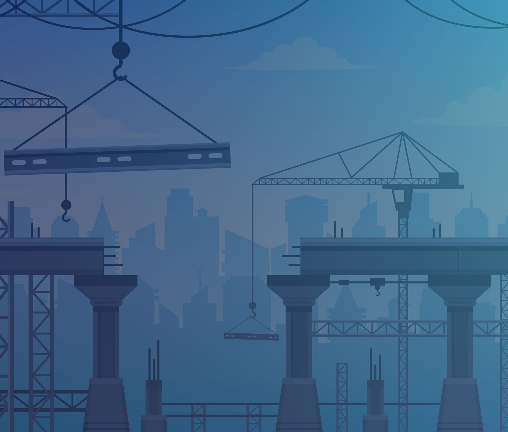 Illustration of a construction site with cranes building a bridge or elevated highway, set against a city skyline backdrop. The scene depicts urban development and infrastructure growth.